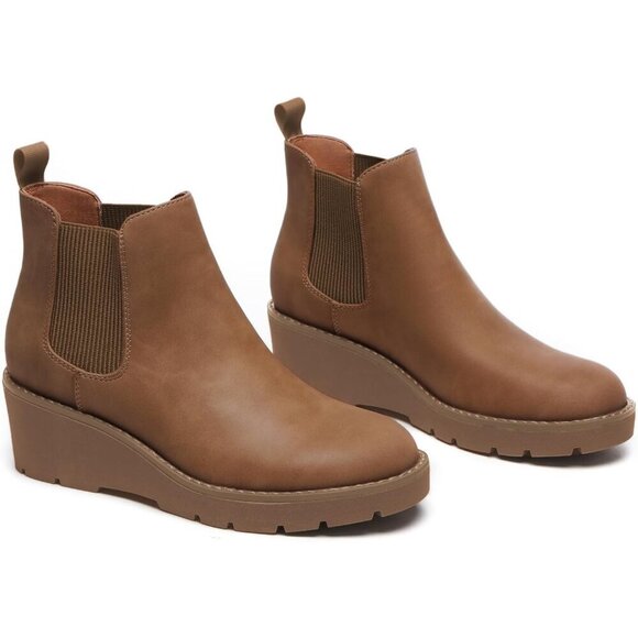 Athlefit Women Brown Chelsea Wedge Platform Slip on Lug Sole Elastic Ankle Boot - Picture 6 of 6